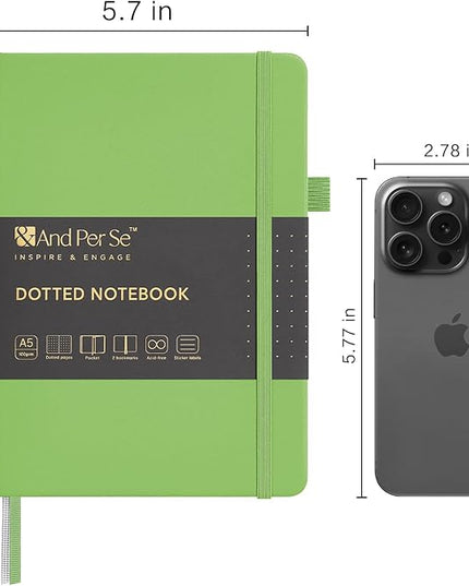&And Per Se Dotted Journal Notebook, A5 Hardcover Leather Bullet Dotted Journal, 160 Pages 100 gsm Thick Paper, 3 Sheets of Stickers Included- 5.7'' x 8'' (Pastel green)