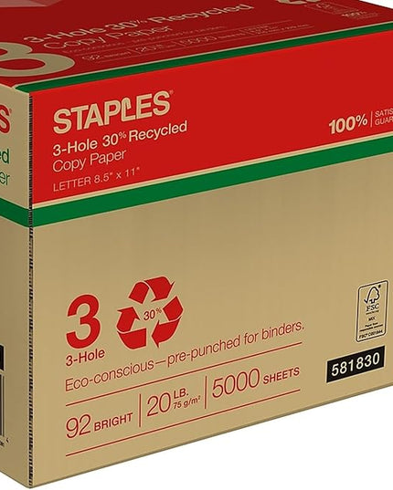 Staples Recycled 8.5 x 11-Inch, 3-Hole Punched Copy Paper 20 lb 92B 500/RM 10 RM/CT