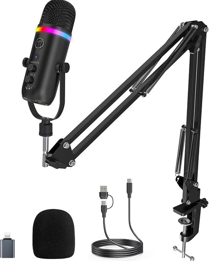 ZealSound Podcast Microphone for PC/Mac/iPhone – USB Studio Mic with Noise Cancellation, RGB Lighting, Mute, Gain, Monitoring & Echo, Boom Arm & Pop Filter, Streaming, Recording, TikTok, YouTube