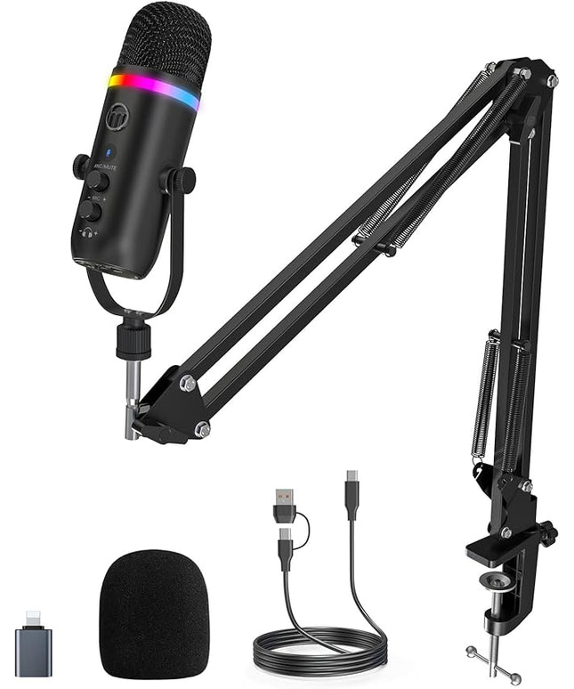 ZealSound Podcast Microphone for PC/Mac/iPhone – USB Studio Mic with Noise Cancellation, RGB Lighting, Mute, Gain, Monitoring & Echo, Boom Arm & Pop Filter, Streaming, Recording, TikTok, YouTube