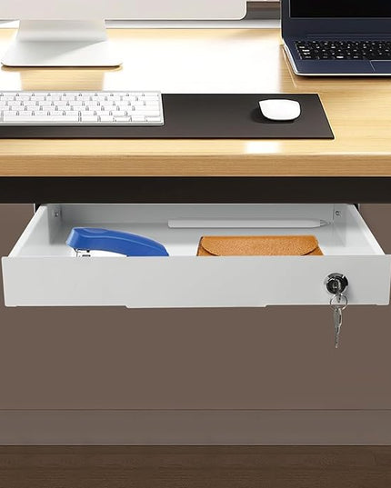 14.17" Under Desk Storage Drawer, Locking Design White Sliding Pull-Out Drawer for Sit Stand Workstation