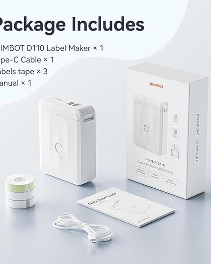 NIIMBOT D110 Upgraded Version Mini Label Maker Machine with 3 Tapes, Portable Bluetooth Thermal Printer, Sticker Labeler with Multiple Templates for Office Organization Home Kitchen School, White
