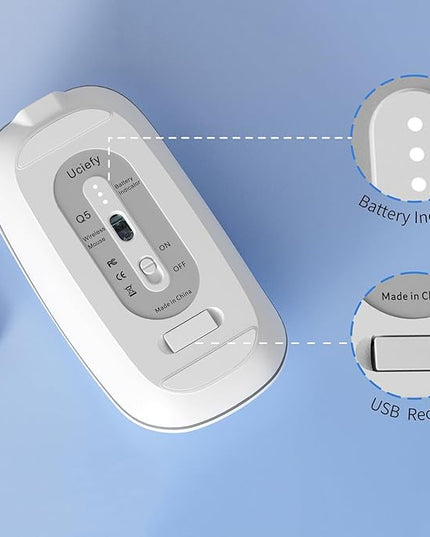 Uciefy Q5 Slim Rechargeable Wireless Mouse, 2.4G Portable Optical Silent Ultra Thin Wireless Computer Mouse with USB Receiver and Type C Adapter, Compatible with PC, Laptop, Notebook, Desktop White