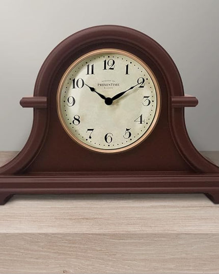 Presentime & Co. Mantel Clock Vintage Farmhouse Series, Napoleon Desk & Shelf Clock, 13 x 10 inch, Domed Lens, Quartz Movement, ABS Plastic Case, Walnut Brown Finish (Home/Tabletop Decoration)