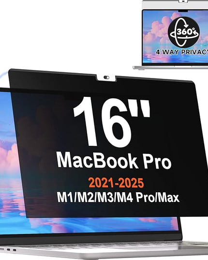 Magnetic 360° Privacy Screen for MacBook Pro 16 Inch (2021-2025, M1, M2, M3, M4, Pro, Max), Removable Anti Glare Blue Light Filter, 4 Way Anti Spy Black Protector for Mac Pro 16In Laptop Computer