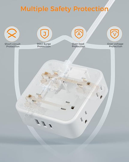 Flat Plug 20 FT Long Extension Cord, TESSAN Ultra Thin Power Strip Surge Protector with 8 AC Outlets, 900J, 3 USB Charger(1 USB C), Multi Port Charging Station for Home, Office, Dorm Room Essentials