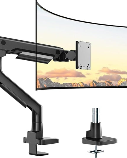 monTEK Sleek Aluminum Monitor Arm for 17–57” Ultrawide Screens up to 59.4 lbs, Heavy Duty Single Monitor Arm Desk Mount, Pneumatic Lift, Quick-Release Plate, Clamp/Grommet, Max VESA 100x100