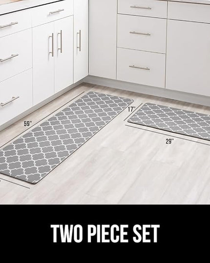 GORILLA GRIP 2 Pack Comfortable Cushioned Kitchen Mats for Floor, 17x29 + 17x59, Waterproof, Stain Resistant, 1/2 Inch Thick Ergonomic Standing Desk Anti Fatigue Mat, Foam Supports Feet, Grey White