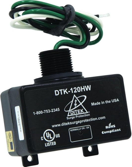 DITEK DTK-120HW 0-400 HZ Frequency, 1 MS Response TIME, 120 VAC, 20 AMP, LED Indication, SPD Type 1, Surge Protector, UL1449 Listed
