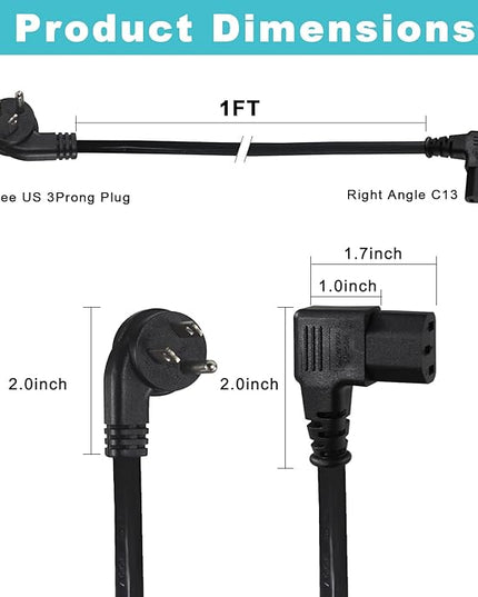 1FT 90 Degree Replacement Computer Monitor Power Cord - Low Profile Flat Plug NEMA 5-15P to Right Angle C13 Power Cord, 13A 125V, 16AWG, Black Replacement Angled Printer/TV/PC 3 Prong AC Power Cord