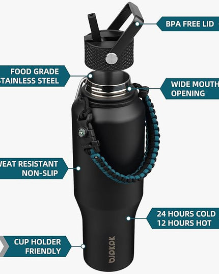 BJPKPK Insulated Water Bottles with Straw Lid, 35oz Metal Water Bottle with 2 lids & Paracord Strap, Double Wall Stainless Steel Vacuum Tumblers, Cups, Mugs, Thermo for Hot& Cold Drinks, Black