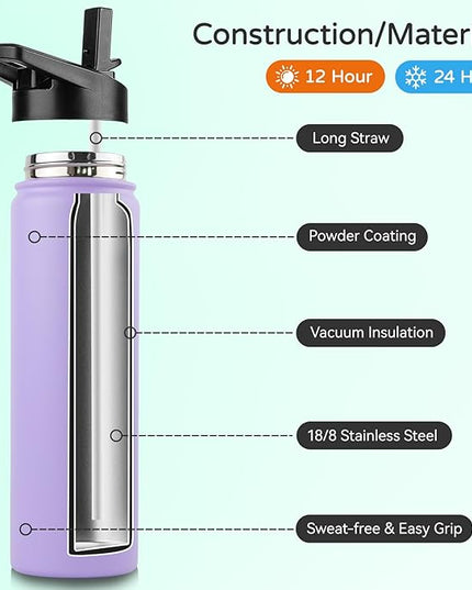 DOMICARE Insulated Water Bottle, 22 oz Vacuum Insulated Stainless Steel Reusable Sports Bottle with Straw Lid & Spout Lid for Travel, Camping, Bike, Leakproof, Purple, 1 Pack
