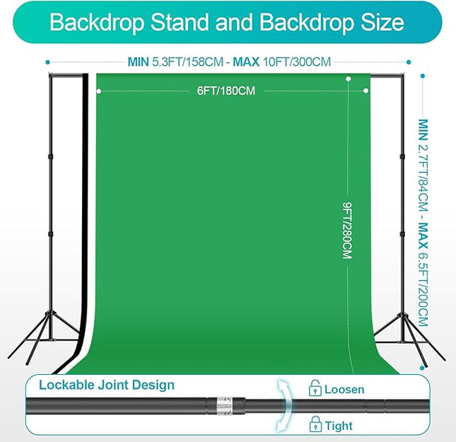 EMART 6.5x10ft Backdrop Support System, Professional Photography Lighting Kit with 45W CFL Blub, Umbrellas, 6x9ft Backdrop(White/Black/Green) for Photography Studio, Portrait, Video Shooting
