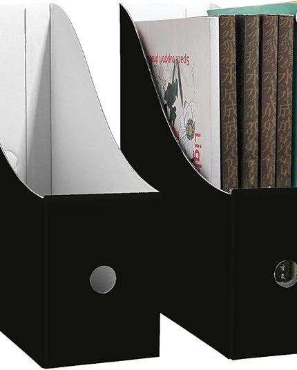 Limitliho 2 Pack Black Cardboard Magazine File Holder for Desktop, Book Bins for Classroom Library, Office or Home, Vertical Paper Boxes for Storage with Label(10.6" H x 10.2" L x 3.5" W in)