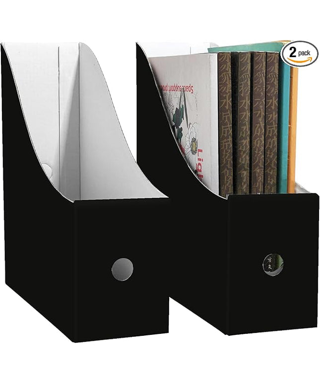 Limitliho 2 Pack Black Cardboard Magazine File Holder for Desktop, Book Bins for Classroom Library, Office or Home, Vertical Paper Boxes for Storage with Label(10.6" H x 10.2" L x 3.5" W in)