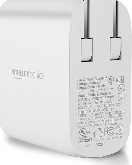 Amazon Basics 36W Dual Port USB-C Wall Charger with Power Delivery, Foldable Plug, for Tablets and Phones, Apple Watch, White, 2.34 x 1.09 x 2.21 in (PD36U-2TNB)