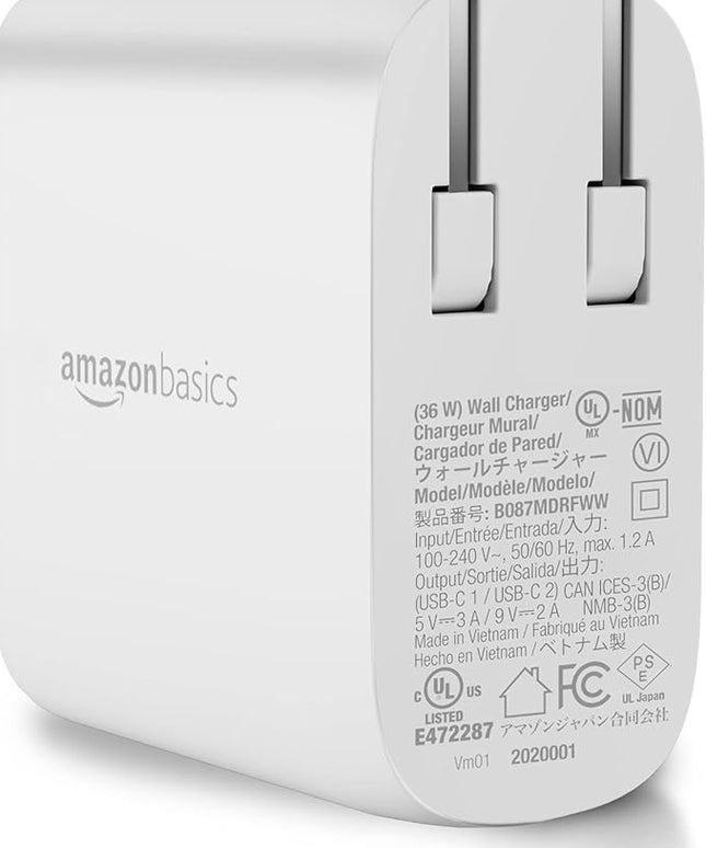 Amazon Basics 36W Dual Port USB-C Wall Charger with Power Delivery, Foldable Plug, for Tablets and Phones, Apple Watch, White, 2.34 x 1.09 x 2.21 in (PD36U-2TNB)