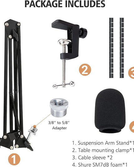 SUNMON Shure SM7dB Boom Arm Mic Stand - Mic Boom Arm with Foam Mic Cover Compatible with Shure SM7dB, Adjustable Microphone Arm with Cable Sleeve By SUNMON