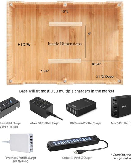 MobileVision Bamboo 10-Port Charging Station & Docking Organizer for Smartphones & Tablets, Family-Sized, for use in Corporate Offices & Classrooms