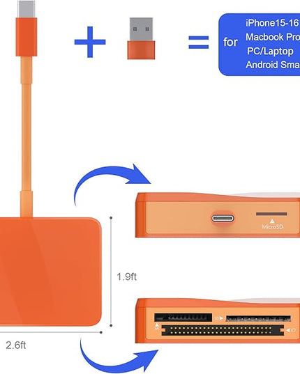 SD Card Reader, 4 in 1 USB C to SD/TF/CF/MS Card Reader with USB to USB C Adapter Memroy Card Reader for iPhone 17/16/15 Pro Max iPad Pro MacBook Pro/Air iMac M4/M3 Android Phone/Tablet PC (Orange)