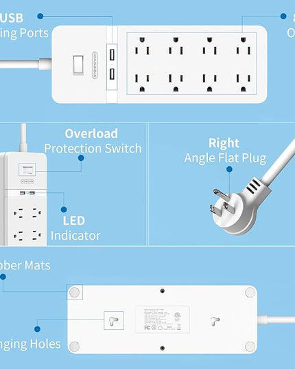 25 ft Extension Cord Flat Plug, NTONPOWER 8 Outlet Surge Protector Power Strip with USB Ports, 1080 Joules, 15A Circuit Breaker, Wall Mount for Home Office Workshop or Garage, ETL Listed, White