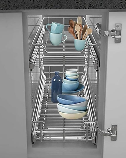 2 Tier Pull Out Cabinet Organizer 11" W X 17" D, Slide Out Drawers for Kitchen Cabinets, Pull Out Drawers for Cabinets Capacity Heavy Duty Caddy, Cabinet Pullout Shelves Chrome-Plated,Bathroom Pantry