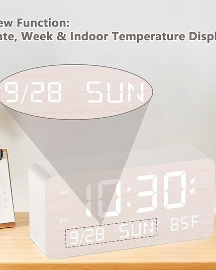 Fomobest Wooden Digital Alarm Clock for Bedroom - Desk Clock with Date, Day of Week, Temperature, Dual Alarms, Dimmer, USB Port Charge, DST, Adjustable Volume for Living Room/Office Wood Decor (White)