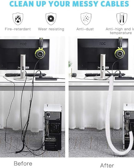 AGPTEK Cable Sleeve Cover, 6.6ft - 2/3 inch Desk Cord Organizer Cable Hider, Home Office Wire Management Computer TV Wire Loom Tubing, Pet Proof Cord Protector, from Cat Dog Chewing, White