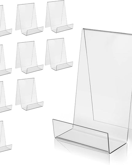 ZOEY Acrylic Book Stand with Ledge Clear Display Easels Plate - 10 Pack Book Holder Easel Stand for Books Display, Music Sheets, Artworks, CD, Tablet Holder (5Large+5Small)