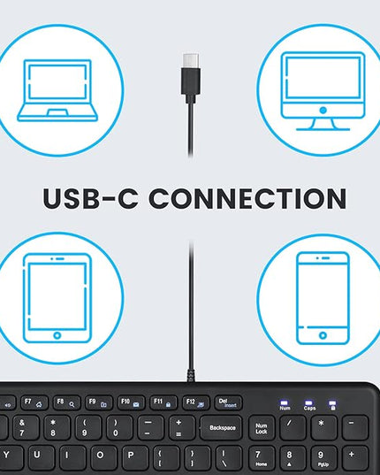 Perixx PERIBOARD-213C Wired Silent USB-C Scissor Keyboard - 14.45x4.76x0.71 Inches Compact Design with Number Pad - Black - US English