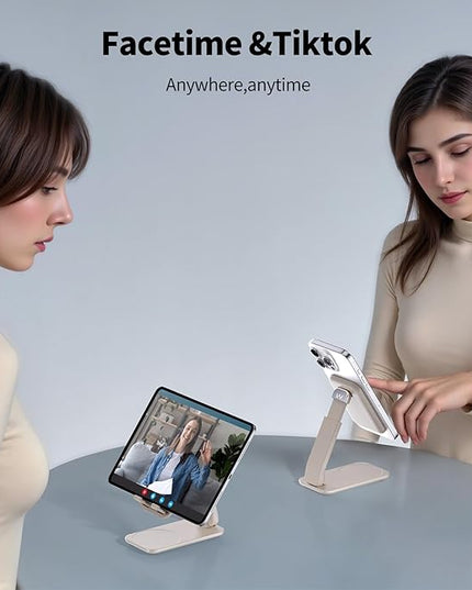 iWALK Magnetic Cell Phone Stand for Desk, Angle and Height Adjustable Mobile Phone Holder, Foldable Magnet Stand for iPhone 17 16 15 14 13 12 Pro Max and iPad, Cell Phone Holder, Light Brown