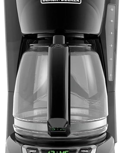 BLACK+DECKER 12-Cup Digital Coffee Maker, Programmable, Washable Basket Filter, Sneak-A-Cup, Auto Brew, Water Window, Keep Hot Plate, Black