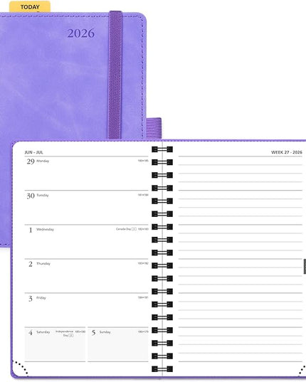 POPRUN 2026 Planner Weekly Notebook (Jan-Dec), Small Size 4''x 6.25'' - 2026 Pocket Calendar for Purse with Spiral Soft Cover, Plastic Ruler, Inner Pocket, 100 GSM - Lilac