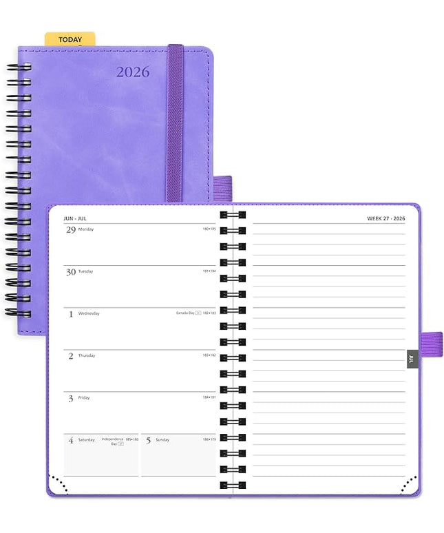 POPRUN 2026 Planner Weekly Notebook (Jan-Dec), Small Size 4''x 6.25'' - 2026 Pocket Calendar for Purse with Spiral Soft Cover, Plastic Ruler, Inner Pocket, 100 GSM - Lilac