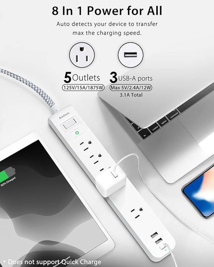Surge Protector Power Strip - 10 FT Long Extension Cord with 5 Widely AC Outlets 3 USB Ports, Flat Plug with Overload Surge Protection for Home, Office, Dorm Essentials (2 Pack)