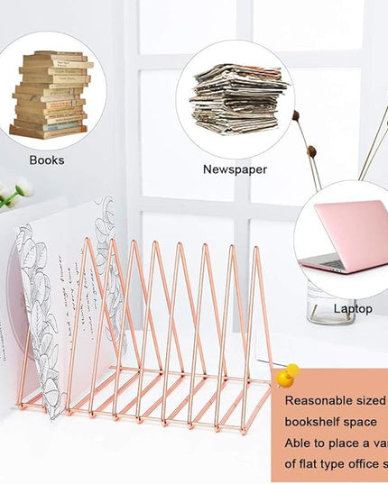 Urban Deco Triangle Desk Organizers Metal Wire Magazine Holder 10 Sections Decorative File Folder Organizer Vinyl Record Storage Office File Organizer For Desk - Rose Gold Magazine File Holder