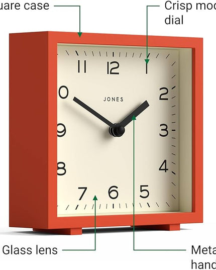JONES CLOCKS® Disco Desk Clock | Sleek Square Design | Orange | Stylish and Easy to Read for Shelf, Table, Mantel or Bedside