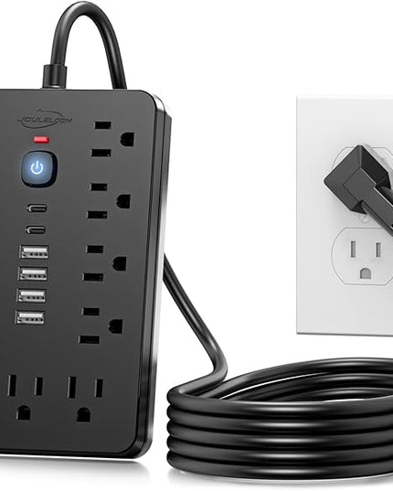 10 FT Flat Plug Surge Protector Power Strip,11 Multiple AC Outlets with 6 USB Ports (2 USB C), 10 Feet Extension Cord, 1250W/10A, One Touch Switch Button, 17 in 1 Compact powerstrip