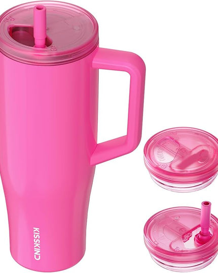 KISSKIND 40 oz Lumispin Tumbler with Handle and Hidden Straw, 100% Leak Proof Water Cup with Handle, Insulated Water Bottle for Travel, Mom, Nurse, Teacher, Student, Neon Pink