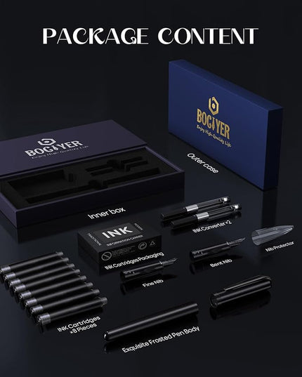 BOCIYER samurai Fountain Pen Set,Hand Polished Medium Nib,Calligraphy Nib(Bent Nib),Includes 8 Ink Cartridges,Ink Refill Converter*2 And Gift Box,Best Pen Gift Set for Men & Women（Black ）