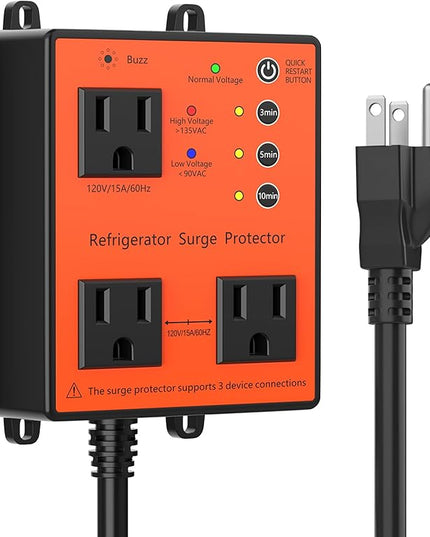 Refrigerator Surge Protector, 3-Outlet 120V for Home Appliance Surge Protector, Time Delay, LED Indicator Light & 110dB Alarm, Protects Against Voltage Abnormalities, Brownout, Spike, Instant Surge