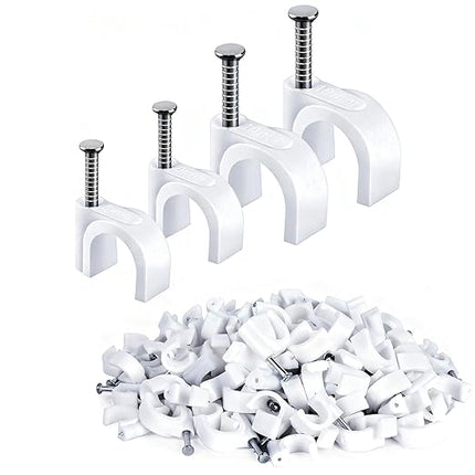 200PCS Cable Staples,10mm 8mm Cable Clips White,Wire Wall Clips with Steel Nails,for Round Ethernet Cable Tacks Electrical Wire TV Cable Speaker Wire Coax Clips (100Pcs 10mm+100Pcs 8mm)