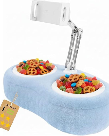 Fuzzy Pillow Phone Holder with Snack Bowl, Adjustable 360° Rotating Magnetic Stand for Phone/Tablet/Kindle iPad, Soft Plush Fabric, Detachable Snack Bowl for Reading for Bed (Double-Blue)