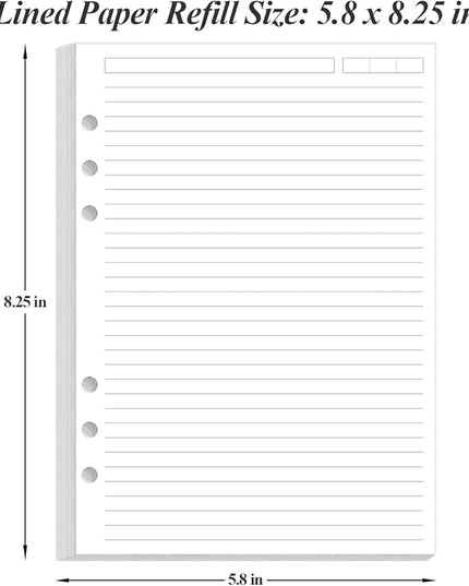 6 Hole Lined Paper Refills for A5 Ring Binder - 100 Sheets/200 Pages Loose Leaf Paper Line Refills for Filofax Planner, 100 gsm White Paper, 5.8" x 8.25"