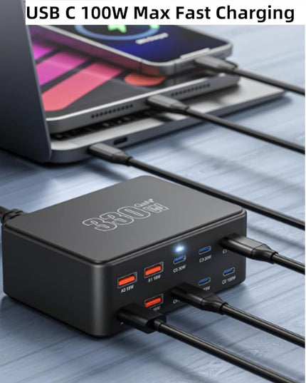 USB C Charging Station 330W, USB C Charger Charging Hub 10 Power Port for Multiple Devices with PD 100W 65W 30W QC3.0 18W Fast Charging Power Stock Station for iPhone 15, iPad Air/Pro, Galaxy