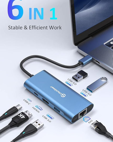 UtechSmart USB C Hub, Ethernet Multiport Adapter 6 in 1 USB C to HDMI Dock Compatible for MacBook Pro/Air, Chromebook, Dell XPS, HP and Type C Devices (Gigabit Ethernet 100W PD 4K HDMI USB 3.0) Blue
