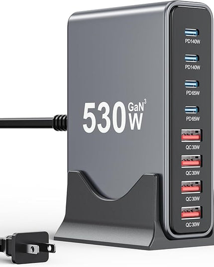 530W USB C Charger Block,8-Port USB C Charging Station GaN IV Travel Essentials Multiple Port Charging Station,100W Laptop Fast Charger Adapter for MacBook Pro/Air,DELL,iPad,iPhone,Samsung Galaxy