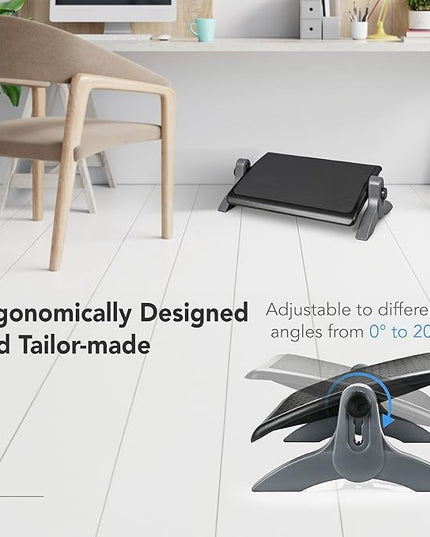 EHO Ottoman, Ergonomic Foot Rest for Under Desk, Adjustable Height and Angle, Rubber Platform, Anti-Slip, Ankle Support, Detachable Washable Cushion, Back and Leg Pain Relief, 21.6"L x 11.4"W, Black
