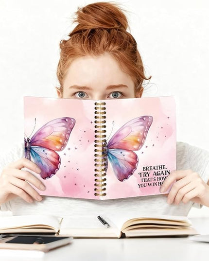 Breathe Try Again That's How You Win Spiral Notebook, Pink Butterfly Notebook for Women, Therapy Mental Health Journal for Women, Inspirational Birthday Gifts for Women Friends Sisters Boss BFF