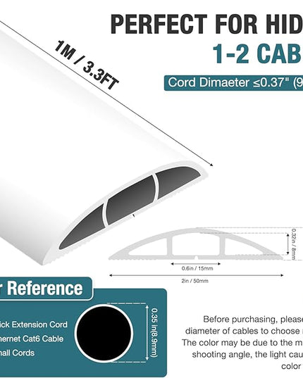 Floor Cord Cover, Cable Protector, 0.63W x 0.31H inches, Wire Cover for Extension Cords, Floor Cable Covers Prevent Cable Trips (White, 50-3 Feet)